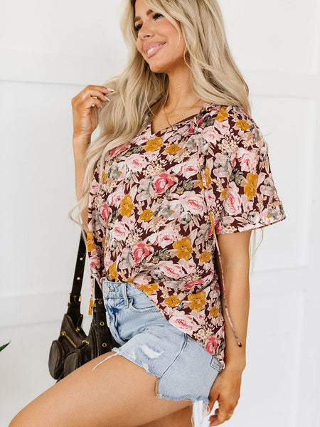 Pink Blossom Split Neck Blouse with Bubble Hem