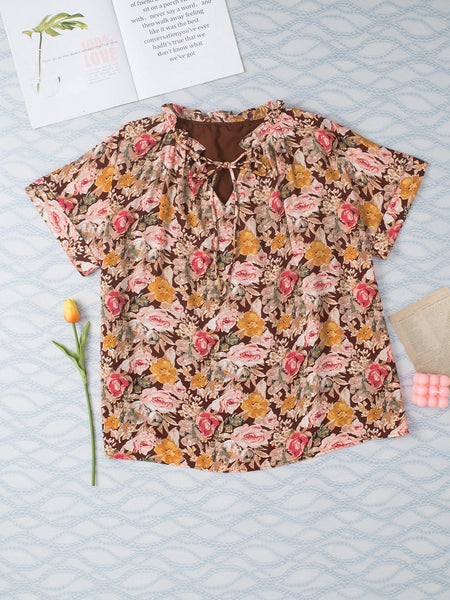 Pink Blossom Split Neck Blouse with Bubble Hem