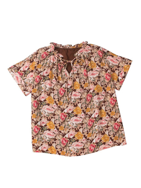 Pink Blossom Split Neck Blouse with Bubble Hem