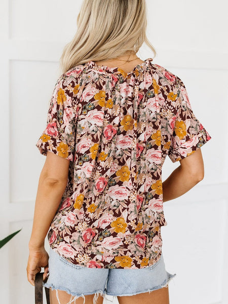 Pink Blossom Split Neck Blouse with Bubble Hem