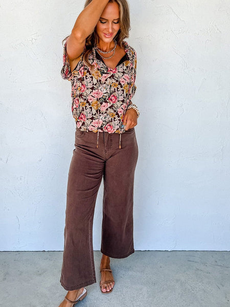 Pink Blossom Split Neck Blouse with Bubble Hem