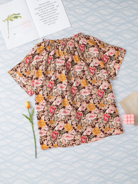 Pink Blossom Split Neck Blouse with Bubble Hem