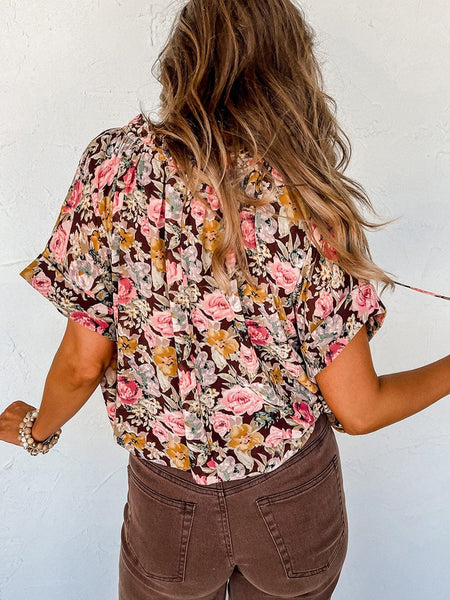 Pink Blossom Split Neck Blouse with Bubble Hem