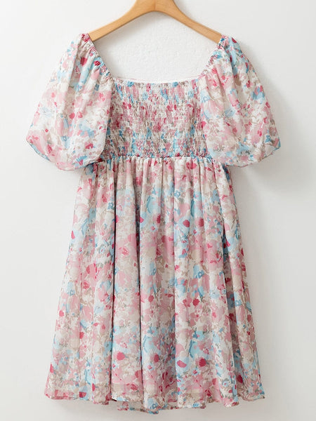 Women's Floral Square Neck Puff Sleeve Mini Smock Dress