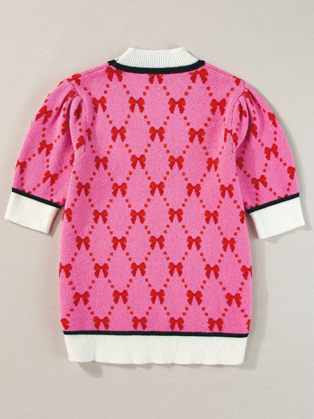 Pink Bow Print Elegant Short Sleeve Knit Top