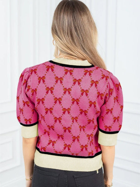 Pink Bow Print Elegant Short Sleeve Knit Top