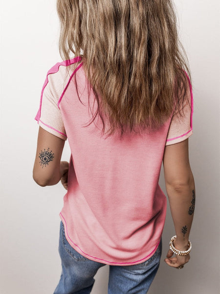 Women's Pink Colorblock Knit V-Neck T-shirt with Exposed Seam