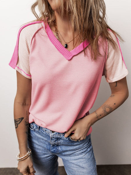 Women's Pink Colorblock Knit V-Neck T-shirt with Exposed Seam