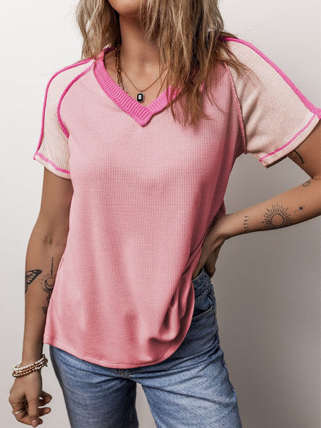Women's Pink Colorblock Knit V-Neck T-shirt with Exposed Seam