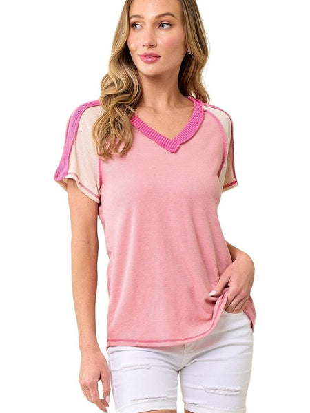 Women's Pink Colorblock Knit V-Neck T-shirt with Exposed Seam