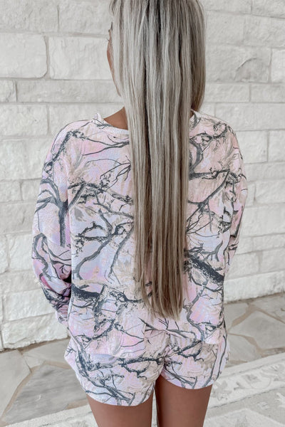 Pink Forest Camo Henley Top & Drawstring Shorts Set