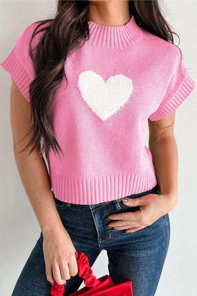 Women's Pink Heart Intarsia Knit Short Sleeve Mock Neck Sweater