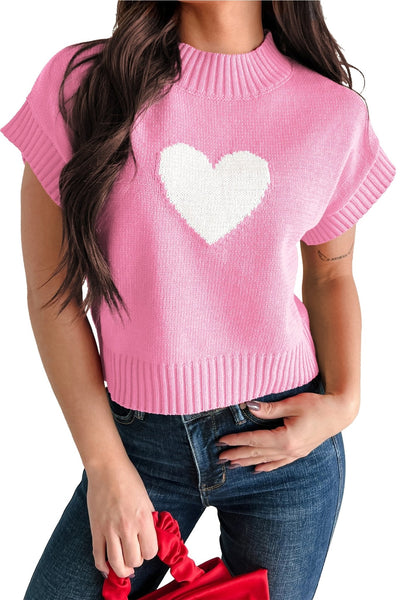Women's Pink Heart Intarsia Knit Short Sleeve Mock Neck Sweater