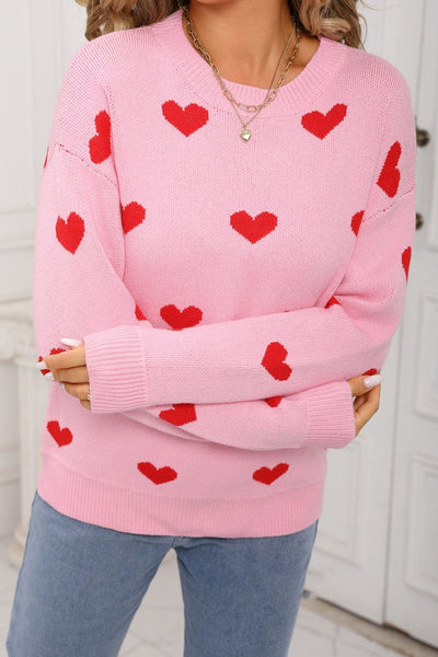 Women's Pink Heart Intarsia Knit Sweater with Drop Shoulders