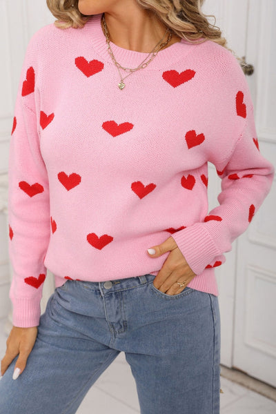 Women's Pink Heart Intarsia Knit Sweater with Drop Shoulders