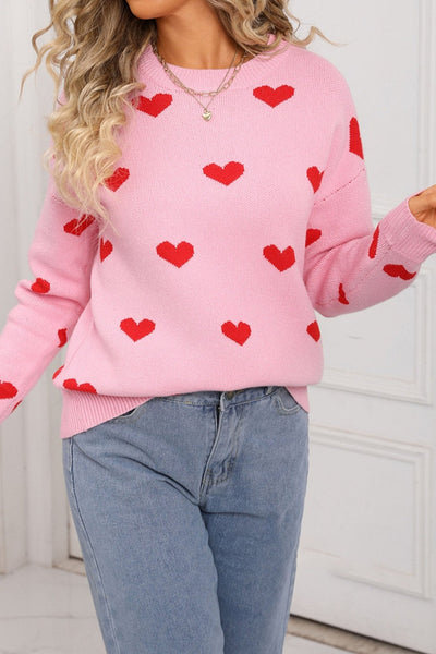 Women's Pink Heart Intarsia Knit Sweater with Drop Shoulders