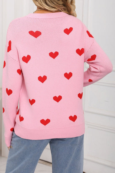 Women's Pink Heart Intarsia Knit Sweater with Drop Shoulders
