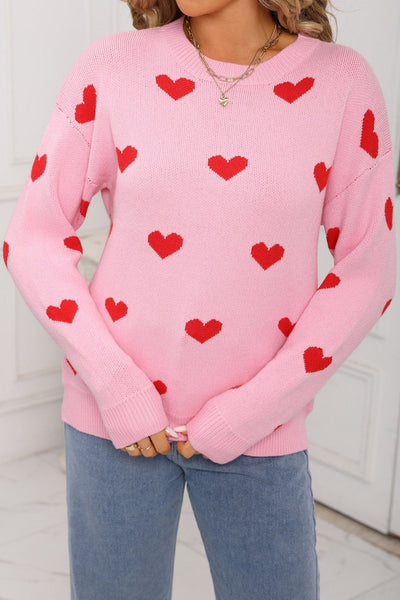 Women's Pink Heart Intarsia Knit Sweater with Drop Shoulders