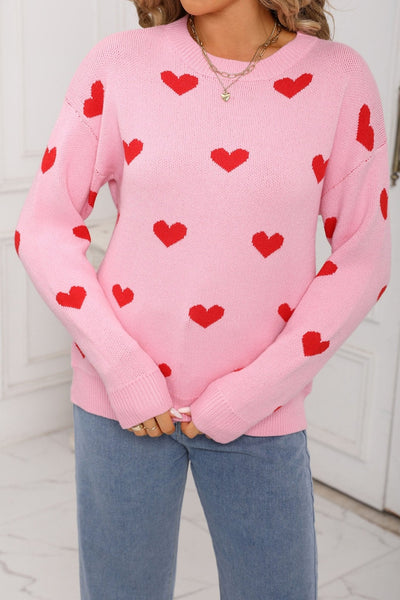 Women's Pink Heart Intarsia Knit Sweater with Drop Shoulders