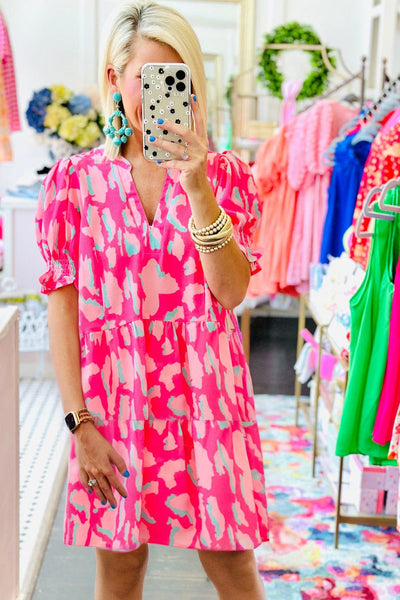 Women's Pink Abstract Leopard Tiered Shift Dress
