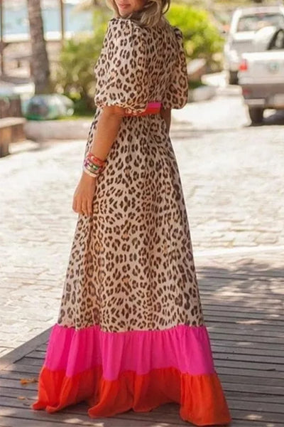 Women's Pink Leopard Colorblock Patchwork Bubble Sleeve Maxi Dress with a Vibrant Twist