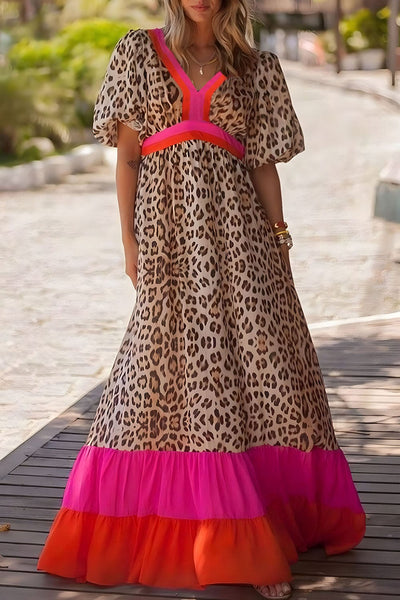 Women's Pink Leopard Colorblock Patchwork Bubble Sleeve Maxi Dress with a Vibrant Twist