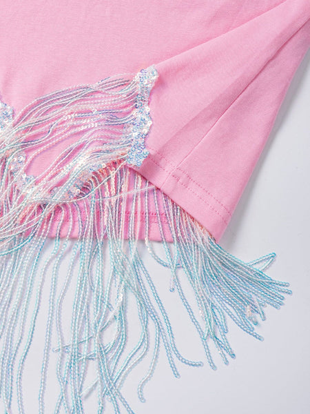 Pink Nashville Music City Sequin Fringed Hem Tee