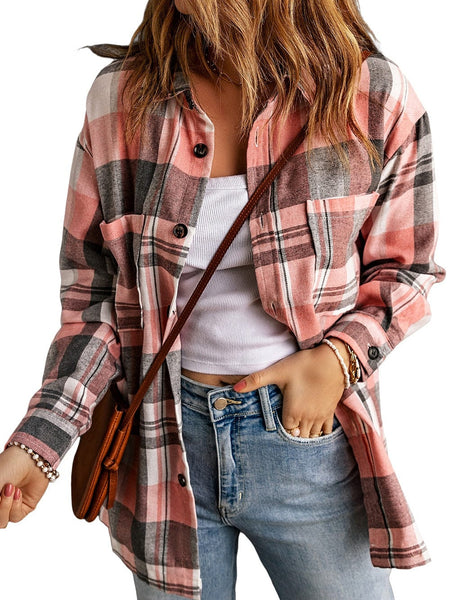 Pink Plaid Button-Up Shirt with Patch Pockets