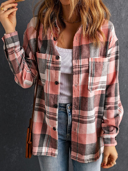 Pink Plaid Button-Up Shirt with Patch Pockets
