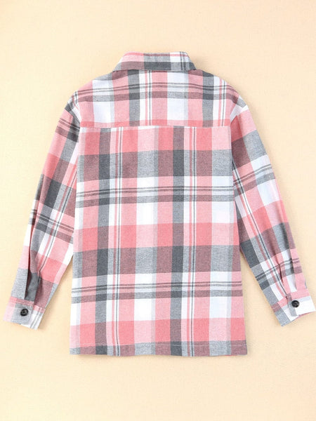 Pink Plaid Button-Up Shirt with Patch Pockets