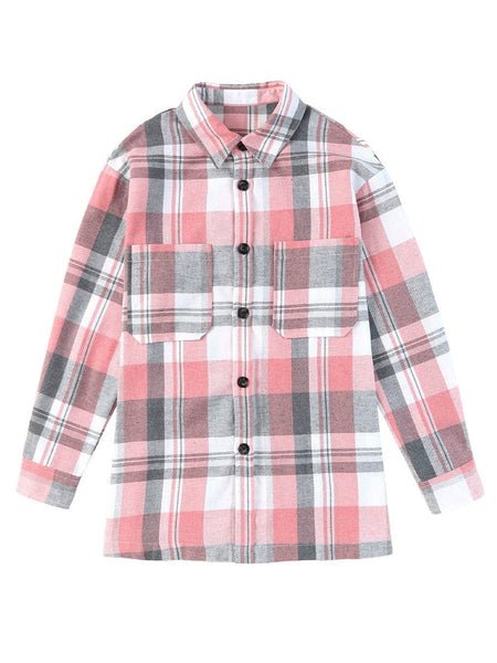 Pink Plaid Button-Up Shirt with Patch Pockets