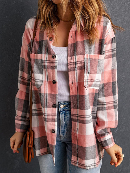 Pink Plaid Button-Up Shirt with Patch Pockets