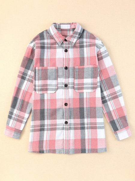 Pink Plaid Button-Up Shirt with Patch Pockets