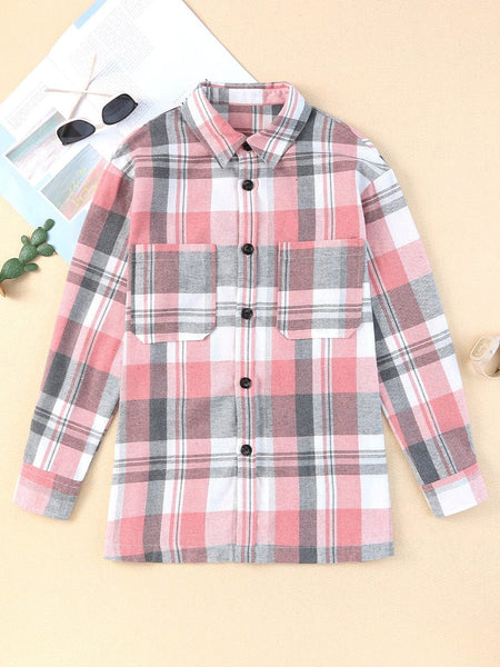 Pink Plaid Button-Up Shirt with Patch Pockets