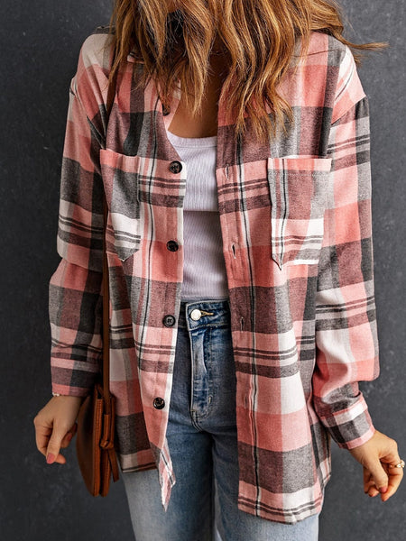 Pink Plaid Button-Up Shirt with Patch Pockets
