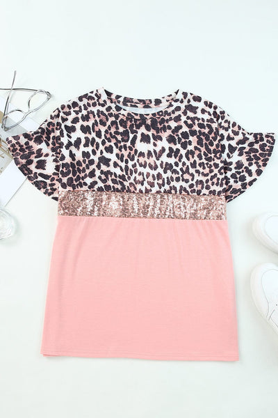 Pink Sequin Leopard Patchwork Short Sleeve Top with Colorblock Detail