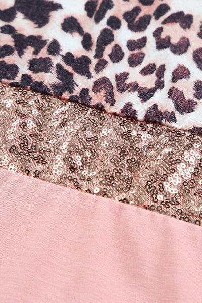 Pink Sequin Leopard Patchwork Short Sleeve Top with Colorblock Detail
