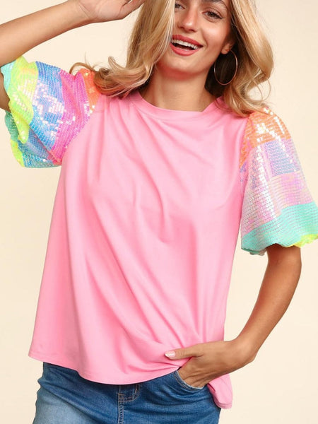 Women's Pink Sequin Striped Puff Sleeve Colorblock Top for Women