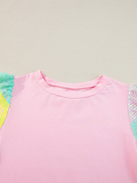 Women's Pink Sequin Striped Puff Sleeve Colorblock Top for Women