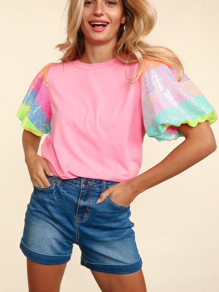 Women's Pink Sequin Striped Puff Sleeve Colorblock Top for Women