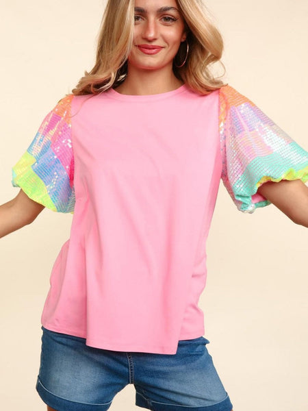 Women's Pink Sequin Striped Puff Sleeve Colorblock Top for Women