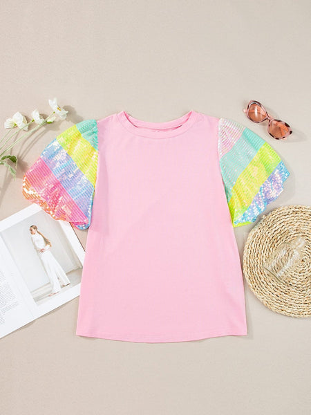 Women's Pink Sequin Striped Puff Sleeve Colorblock Top for Women
