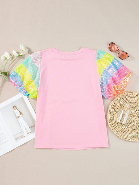Women's Pink Sequin Striped Puff Sleeve Colorblock Top for Women