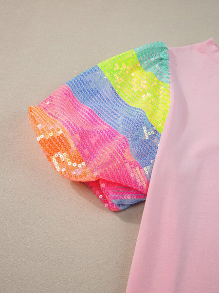 Women's Pink Sequin Striped Puff Sleeve Colorblock Top for Women