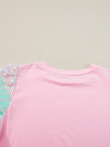 Women's Pink Sequin Striped Puff Sleeve Colorblock Top for Women