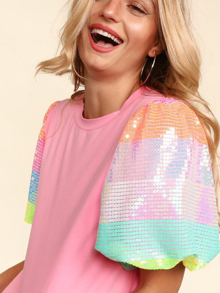 Women's Pink Sequin Striped Puff Sleeve Colorblock Top for Women