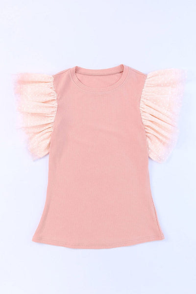 Pink Sheer Mesh Sleeve Ribbed Knit Top
