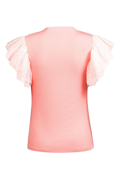 Pink Sheer Mesh Sleeve Ribbed Knit Top