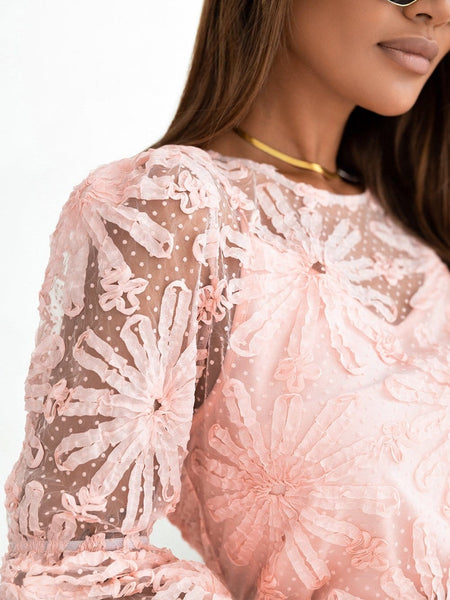 Pink Swiss Dot Mesh Top with Lace Detail
