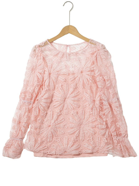Pink Swiss Dot Mesh Top with Lace Detail